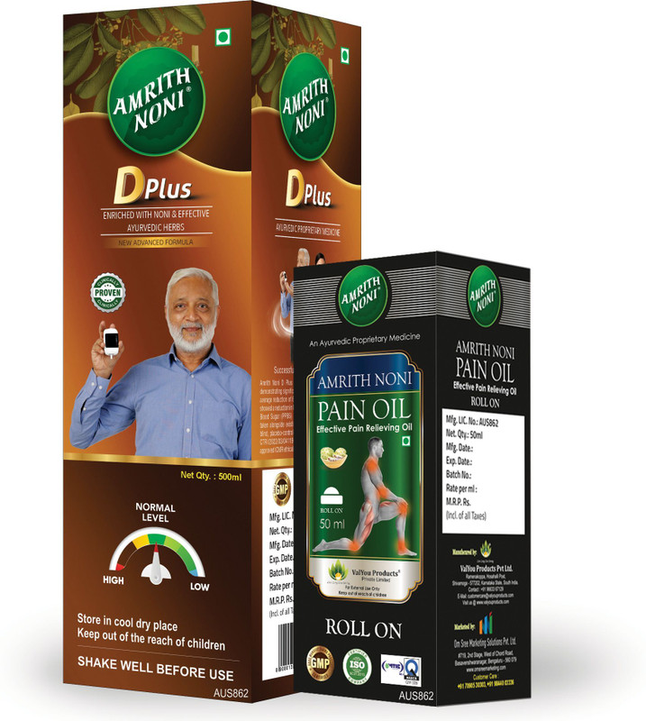 AMRITH NONI D Plus 500ml & Pain Roll On 50ml-Controls Blood Sugar Levels & Pain Relief Combo(500 ml)