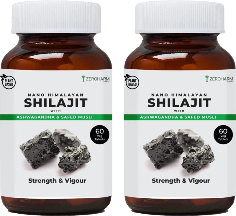 ZEROHARM Nano Himalayan Shilajit Ashwagandha - Stress, Energy, Stamina Support for Men(Pack of 2, 120 Tablets)