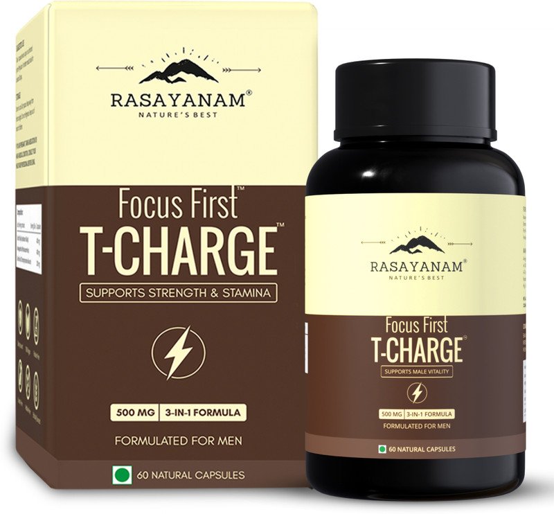 Rasayanam T-Charge Capsules-500mg, Testosterone Supplement for Men, For Strength & Stamina(60 Capsules)