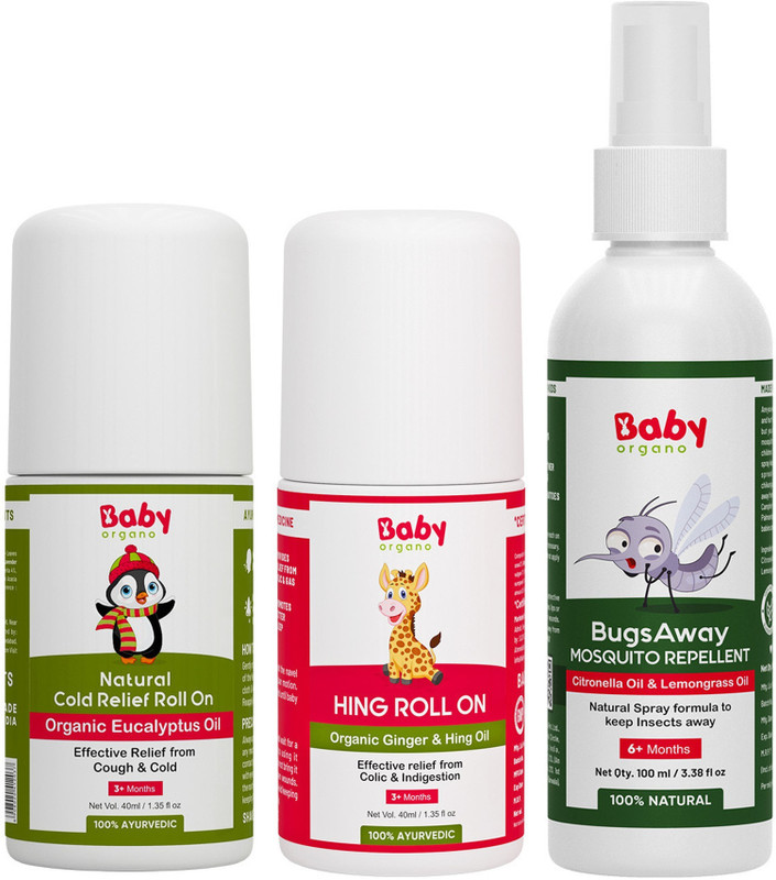 BabyOrgano Baby Care Tummy Hing Roll-On, Mosquito Repellent Spray, and Cold Relief Roll-On(Pack of 3, 40 ml, 40 ml, 100 ml)