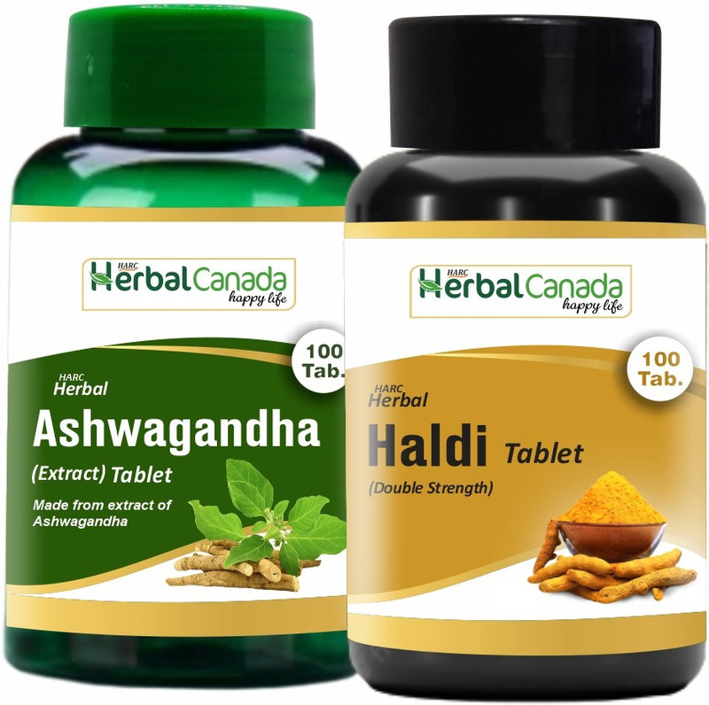 Herbal Canada Ashwagandha (100 Tablets) + Haldi (100 Tablets) | Healthy Combo Pack(200 Tablets)