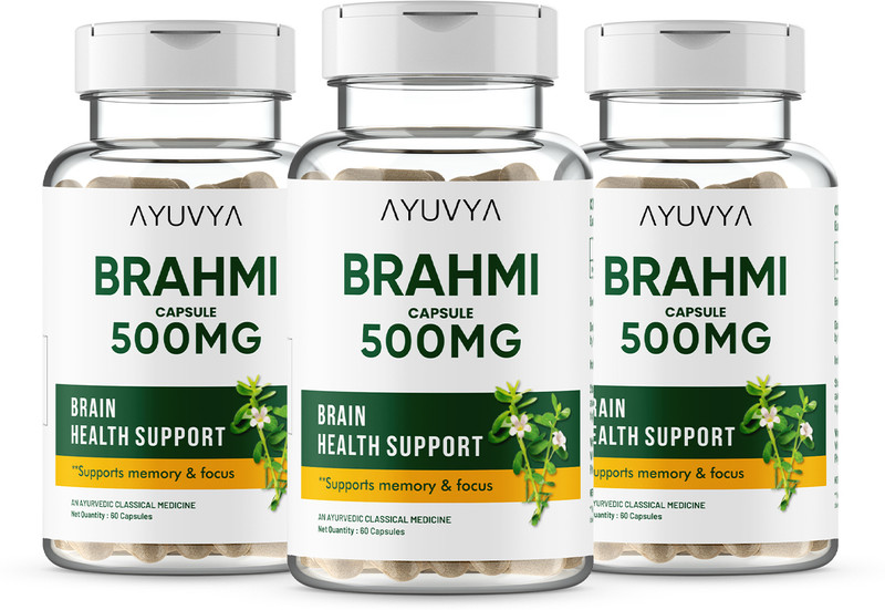 Ayuvya Brahmi Capsules - 500mg | Helps Relieve Stress, Aids Sleep & Enhance Memory(Pack of 3, 180 Capsules)