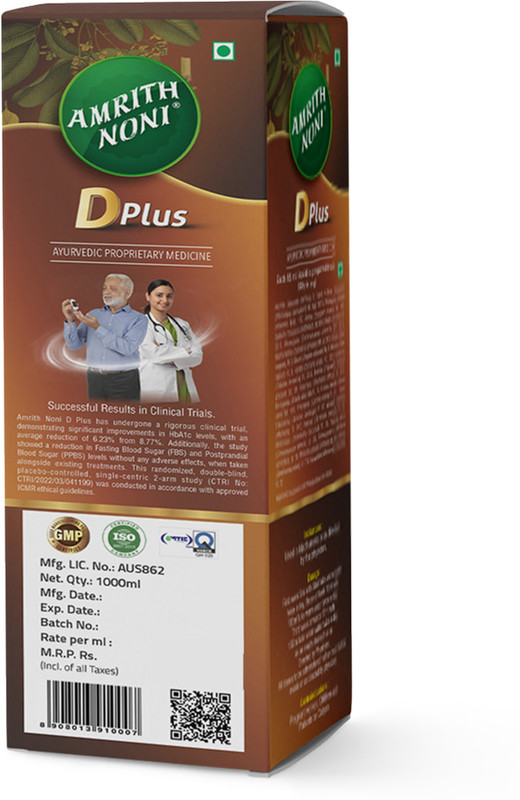 AMRITH NONI D-PLUS Noni Juice 1000 ml - Natural Antioxidant Drink for Sugar Balance(1000 ml)
