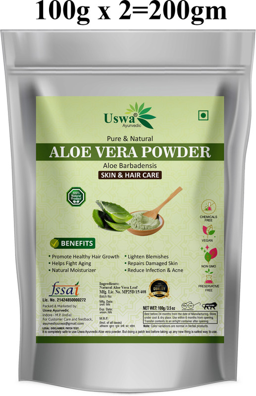 Uswa Ayurvedic Natural Aloe Vera Powder | Aloe Barbadensis | For Face, Skin,Hair Care(Pack of 2, 200 g)