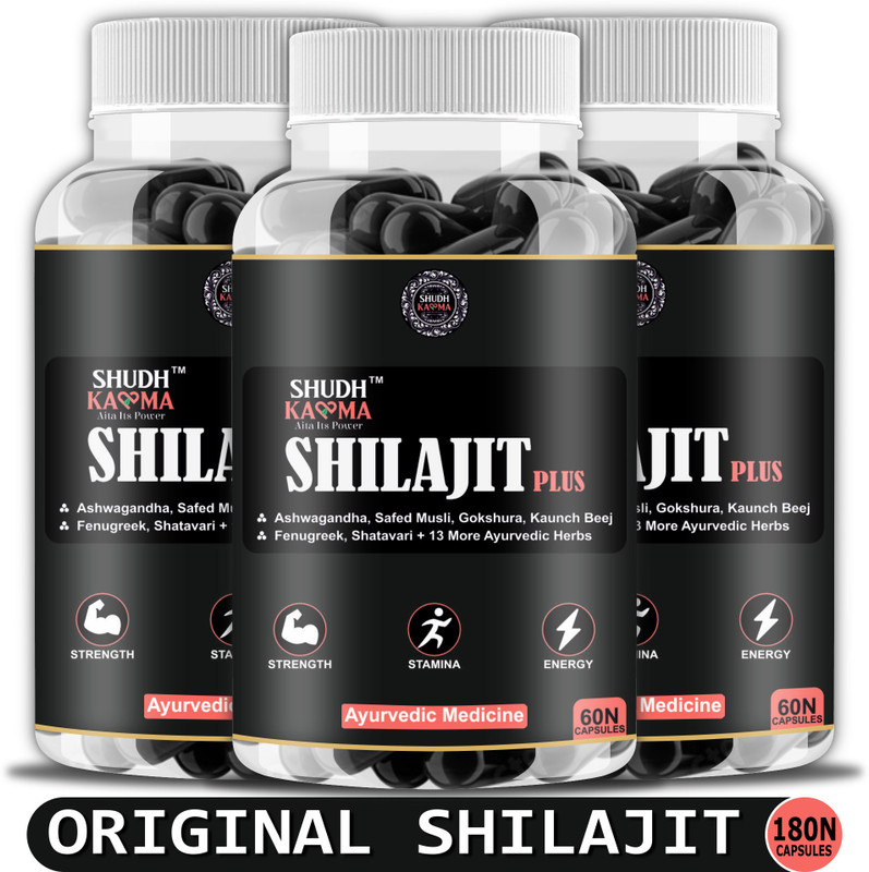Shudh Kaama Original Shilajit with Ashwagandha Safed-Musli Gokshura | Stamina & Energy(Pack of 2, 120 Capsules)