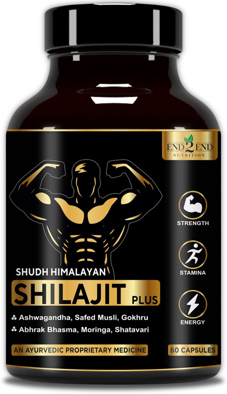 End2End Nutrition Himalayan Shilajit with Ashwagandha & Gokhru | 16 Ayurvedic Herbs | Muscle Gain(60 Capsules)