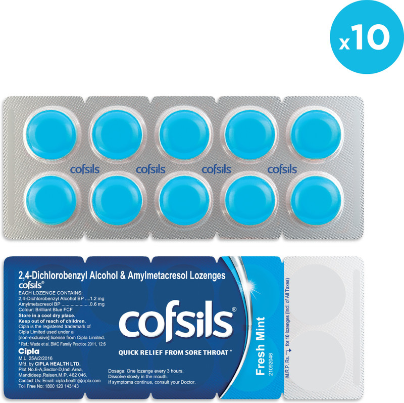 Cipla Cofsils Lozenges | Quick Relief from Sore Itchy, Scratchy Throat | Fresh Mint(Pack of 10, 100 Tablets)