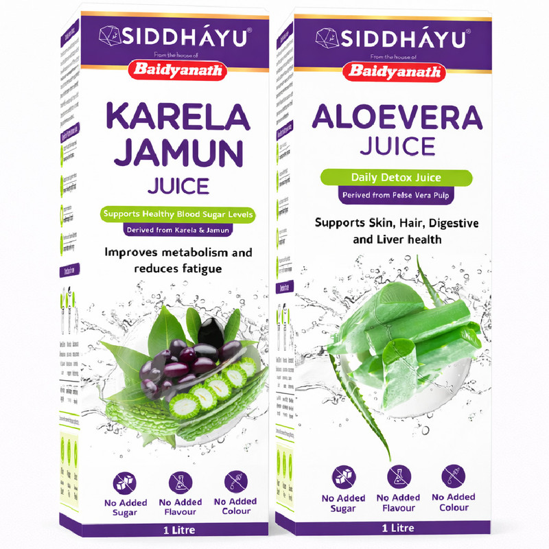 Baidyanath Karela Jamun Juice - 1L + Aloe Vera Juice - 1L| Diabetes| Repairs Skin and Hair(Pack of 2, 2 L)