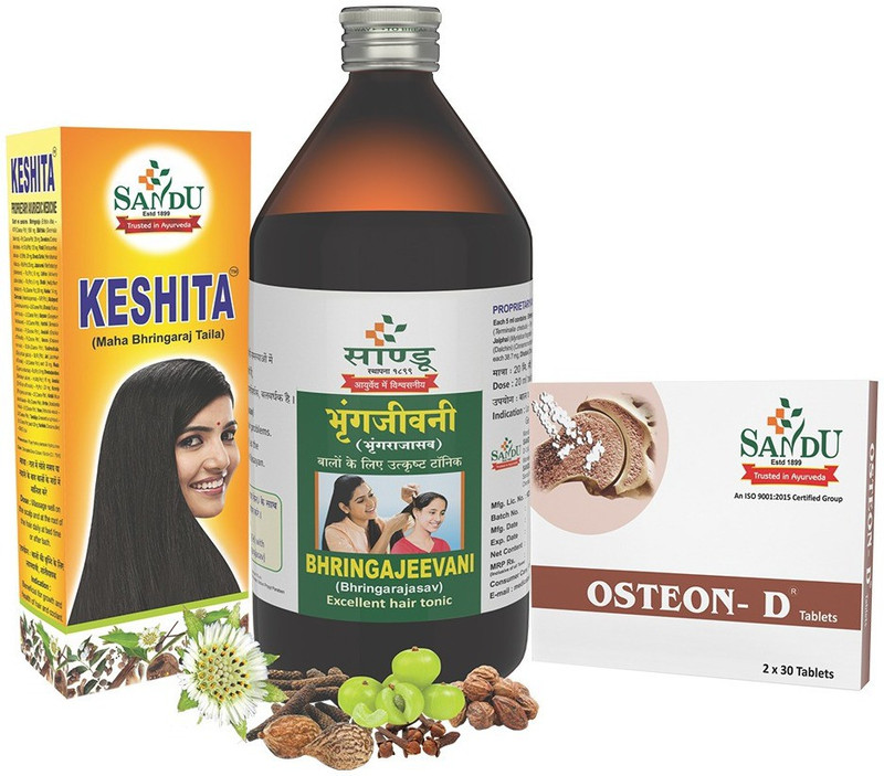 Sandu Hair Care Package (Bhringajeevani + Keshita Hair Oil + Osteon-D Tablets)(550 ml, 60 Tablets)