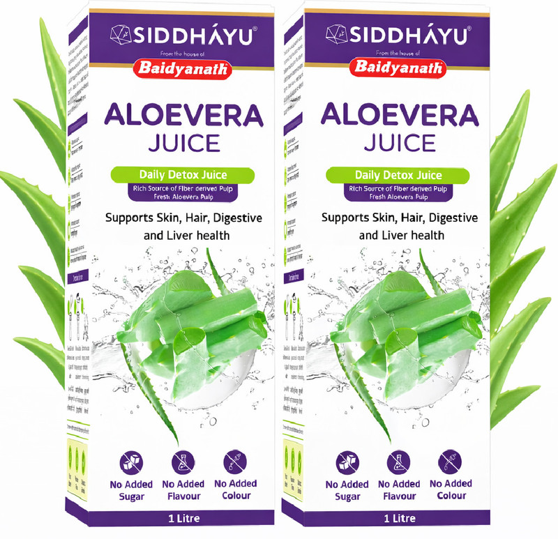Baidyanath Aloe Vera Juice (with Pulp) Rejuvenates Skin and Hair| No Added Sugar- 1L(Pack of 2, 2)