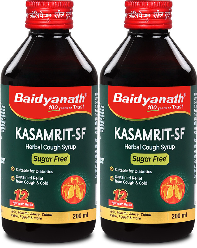 Baidyanath Kasamrit Sugar Free Herbal and Ayurvedic Cough Syrup 200 Ml(Pack of 2, 200 ml)