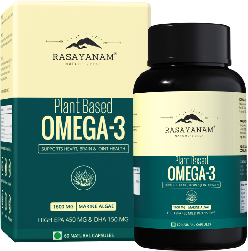 Rasayanam Plant Based Omega-3, 1600mg | No Burps, No Fish Oil, Pure Algae - Veg. Capsules(60 Capsules)