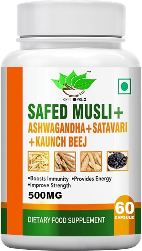 BIRJI HERBALS AYURVEDIC SAFED MUSLI + ASHWAGANDHA 60veg capsules pack of 1(60 Capsules)