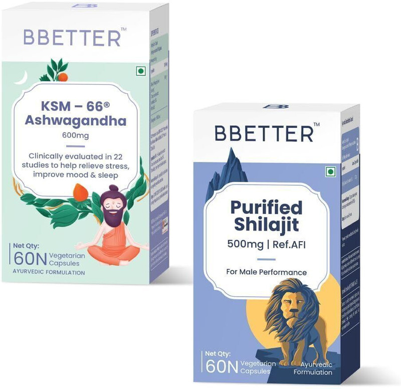 BBETTER Ksm 66 Ashwagandha And Shilajit (100% Organic) (Strength Combo), Capsule(Pack of 2, 120 Capsules)