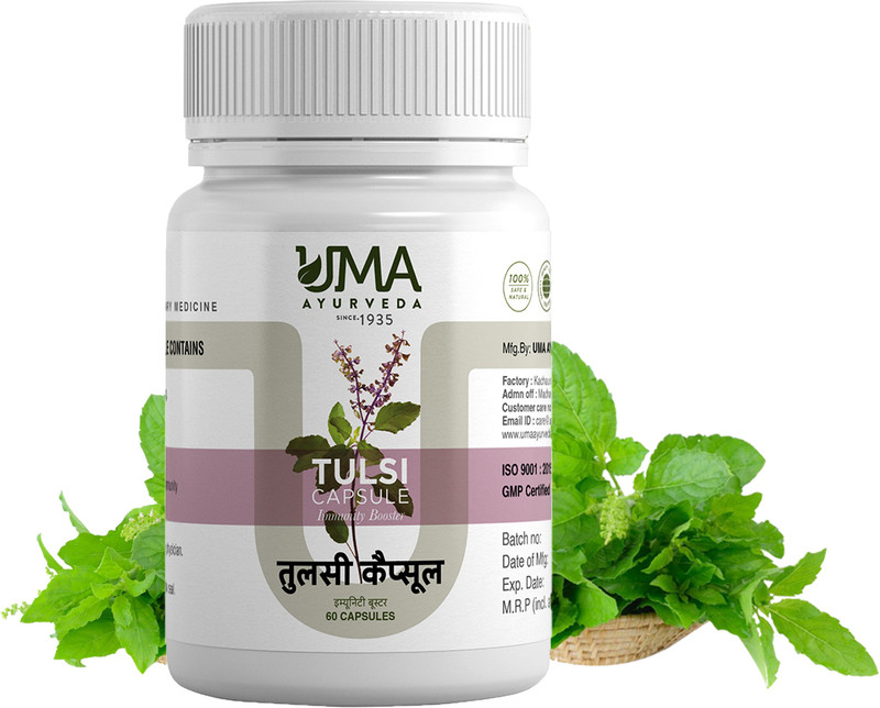 Uma Ayurveda Tulsi Capsule 60 Caps Useful in Fever Common Cold Cough Immunity Boost Skin Care(60 Capsules)