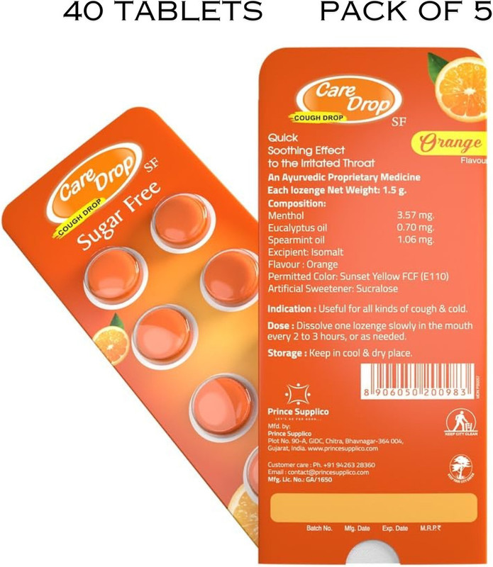 Care Drop Sugar Free Ayurvedic Lozenges, Orange(Pack of 5, 40 Tablets)