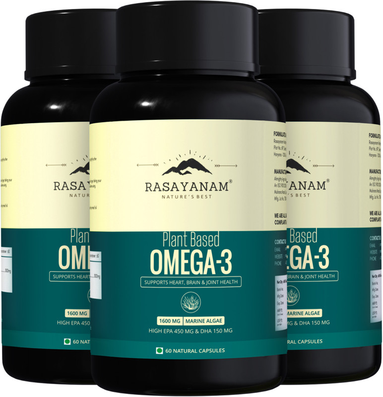Rasayanam Plant Based Omega-3, 1600mg | No Burps, No Fish Oil, Pure Algae - 180 Capsules(Pack of 3, 180 Capsules)