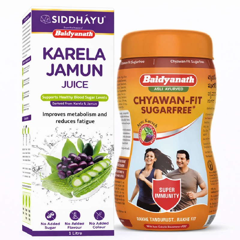 Baidyanath Diabetic Wellness Kit - Chyawan-Fit Sugar free 1 kg + Karela Jamun Juice 1 L(Pack of 2, 1 kg, 1 L)