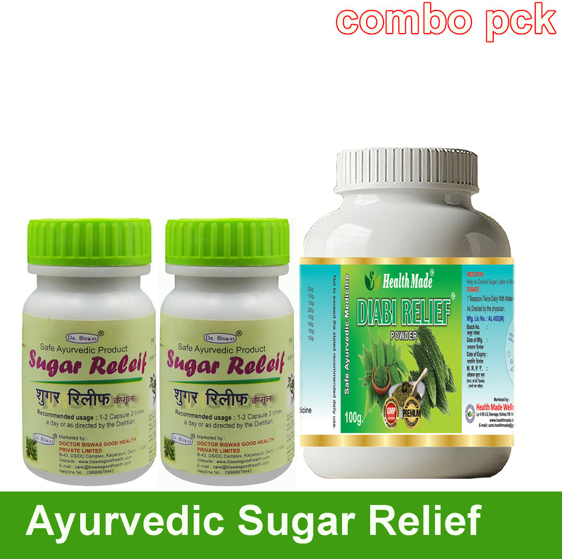 Dr. Biswas Sugar Relief 50 capsules & Diabi Relief 100g Powder for Blood Sugar Combo Pack(Pack of 3, 100 Capsules, 100 g)