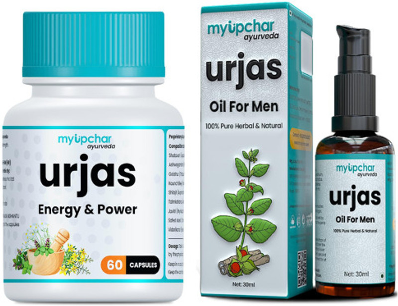 myupchar ayurveda Urjas Energy Capsules Or Urjas Massage Oil Combo Enhance Stamina Performance(Pack of 2, 60 Capsules, 20 ml)