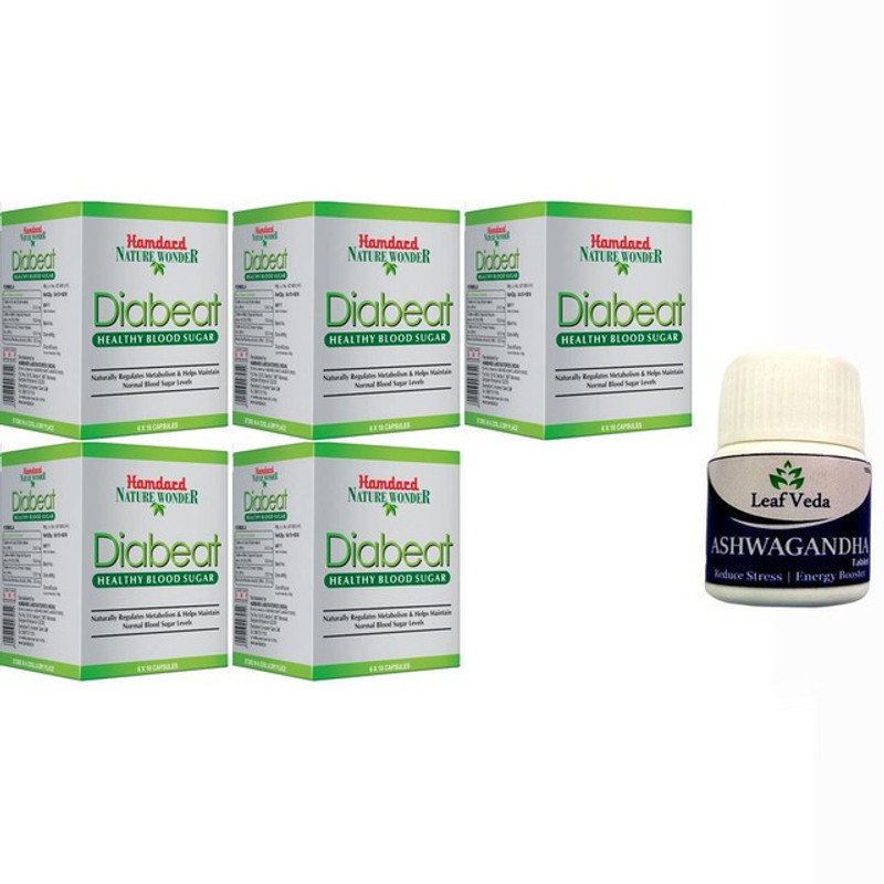 Hamdard Diabeat Healthy Blood Sugar - 60 Capsules Each With Leaf Ashwagandha 15 Tab(Pack of 6, 300 Capsules, 15 Tablets)