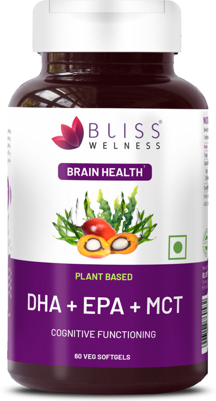 Bliss Welness Omega 3 DHA EPA MCT 1000mg Algae Oil For Brain Heart Hair Skin Joints(60 Capsules)