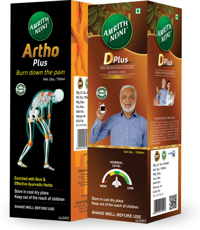 AMRITH NONI D Plus 500ml + Arthoplus 750ml Juice Helps in Blood Sugar Levels & Joints Health(Pack of 2, 500 ml, 750 ml)