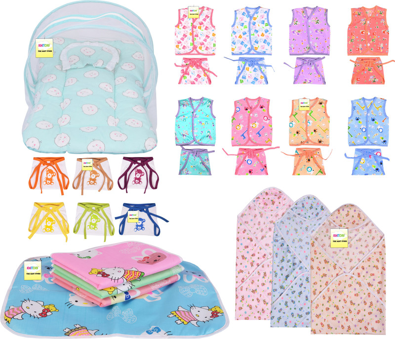 Kwitchy New Born Baby Gift combo Pack of 30 item standard Crib(Fabric, Green)