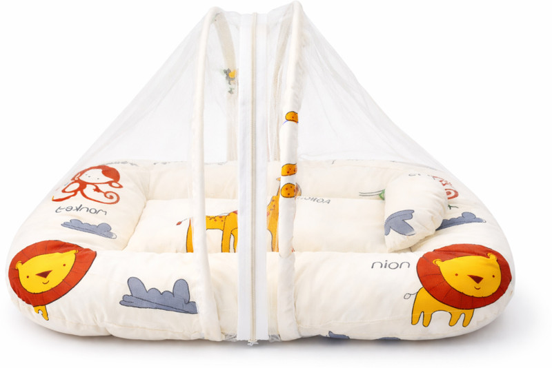 PureHugs Baby Mosquito Net Bed for Newborn, Soft Cushion Mattress with Breathable Mesh & Zipper Protection, Foldable Portable Baby Sleeping Nest, Infant Travel Bedding Set 0–9 Months(Fabric, Ivory Cartoon Animals)