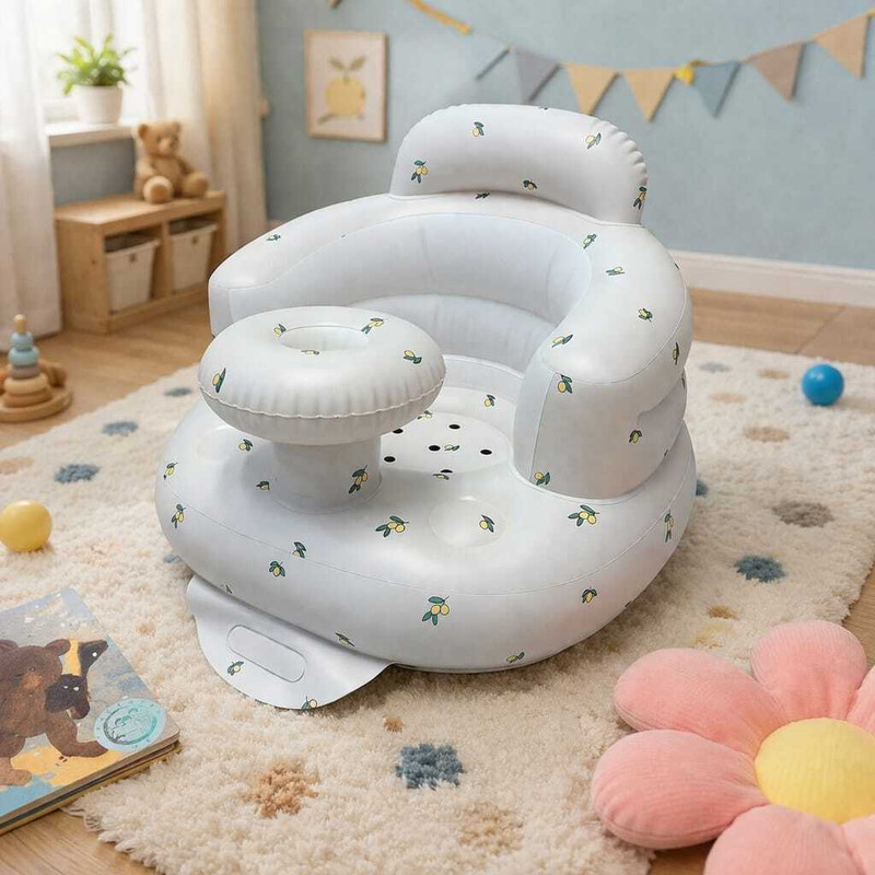 Maahadev creation Portable Inflatable Baby Chair-(Lamon) Beautiful Lemon print on sofa Ergonomic inflatable baby sofa with 360° cushioned support and safety front ring(Plastic, Soft Grey with Yellow Lemon Print)