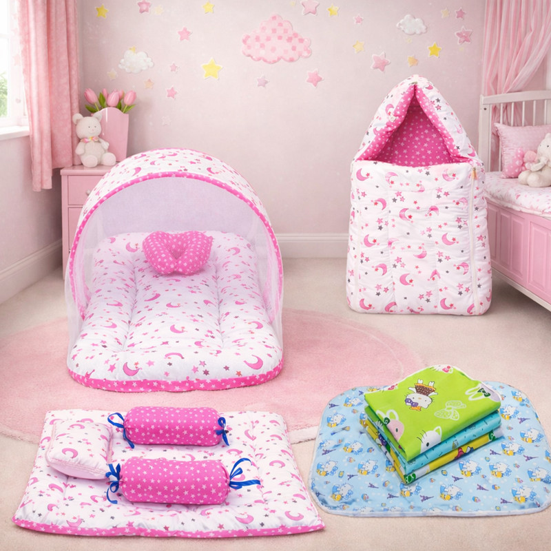 Fareto Combo of Baby Mattress with Net | Sleeping Bag standard crib(Fabric, Pink)