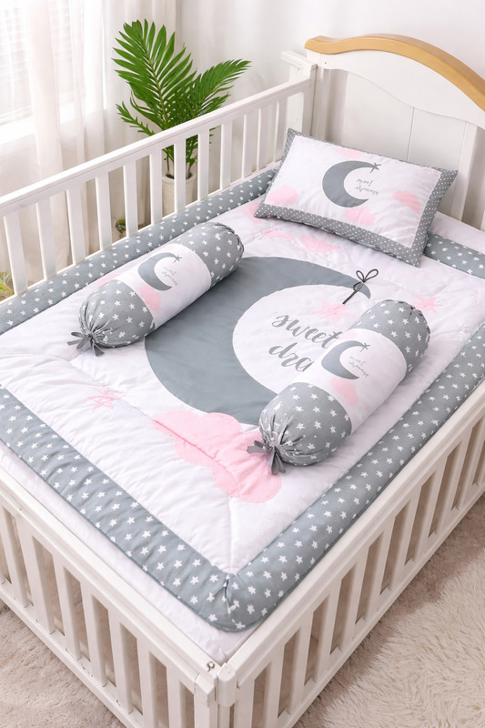 Ronqiza Baby Crib Bedding Set with Pillow & Bolsters Soft Cotton Newborn Bed Set Cotton Material Unique Design Pattern(Fabric, Grey)
