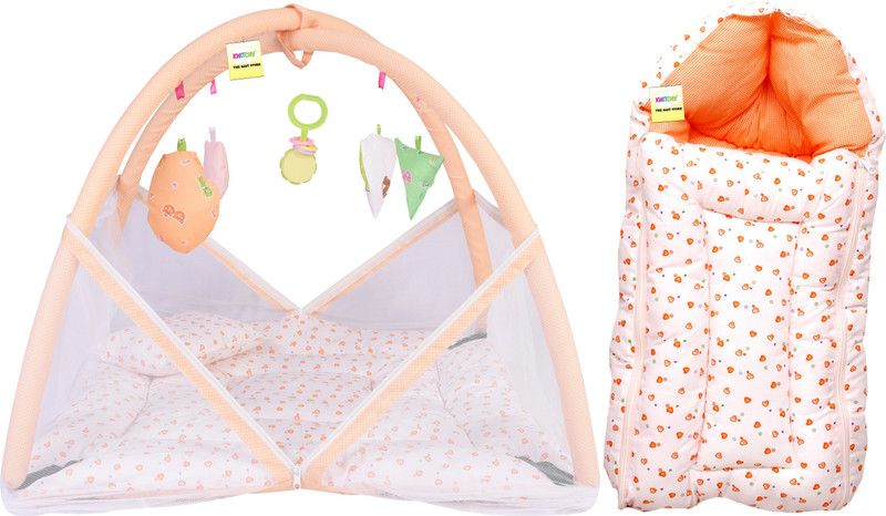 Kwitchy New Born Baby Mosquito Net Bed with Cushioned Pillow And Sleeping Bag Standard Crib(Fabric, Orange)
