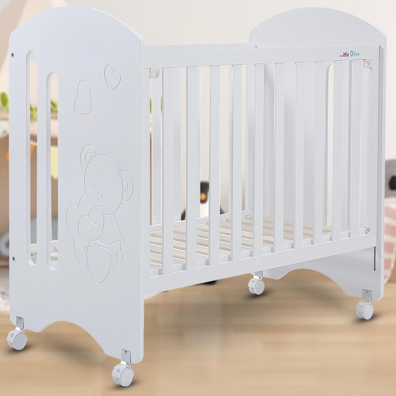 Little Olive Cuddle Wood Infant Cot For New Born - White Cot(Off White)