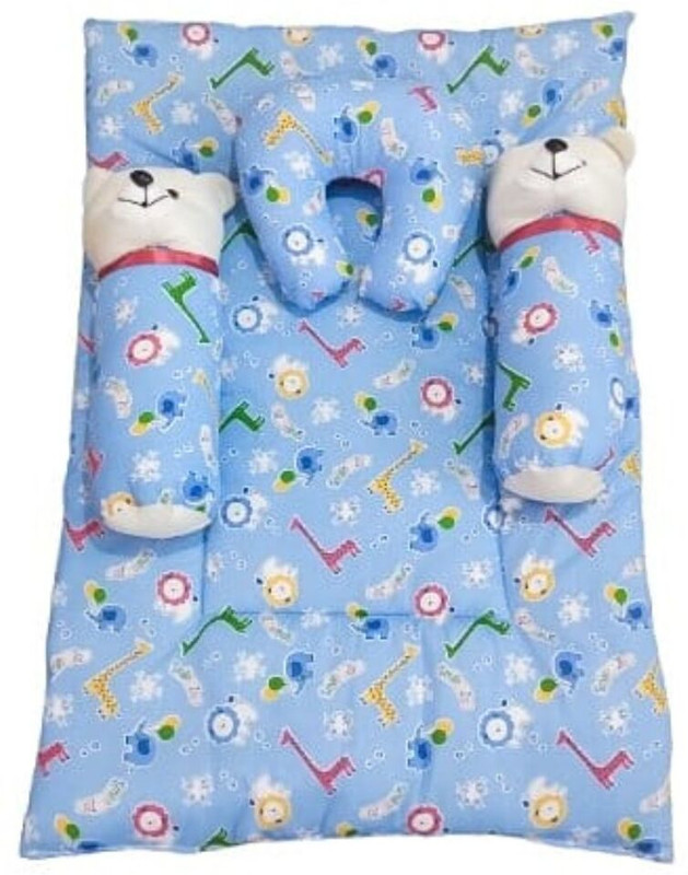 Navkar traders 4 piece cotton bedding set(1 bed ,1 U-Shape pillow, 2 teddy face lot) Baby Bed Rectangular(Fabric, Blue)