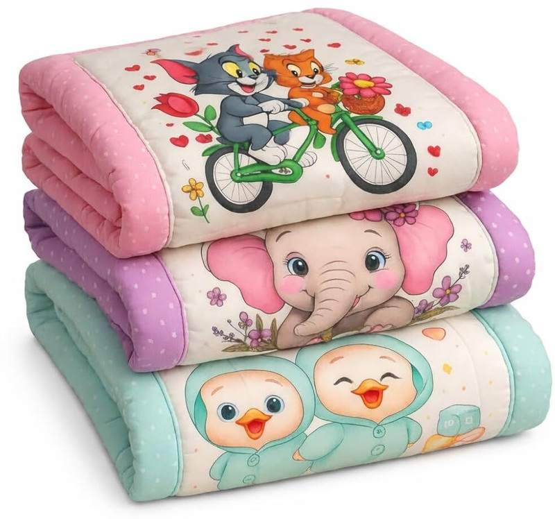 TheELORA Cotton Single Sized Bedding Set TOM & JERRY GODADI ELEPHAT GODADI BIRD GODADI Pack of 3 cute cartoon printed baby comforters Baby Mattress godadi(Fabric, multioclor)