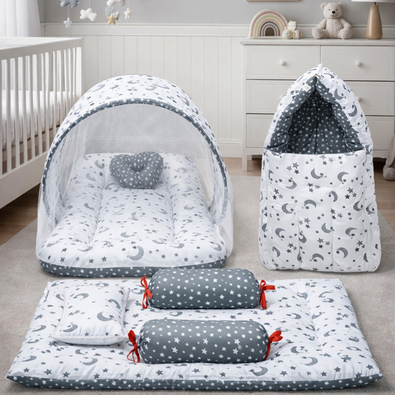 Miss & Chief by Flipkart Cotton Baby Bed Sized Bedding Set(Grey, 1 Mattress With Net, 1 Pillow, 1 Carry Bag, 1 Bed, 2 Lots, 1 Pillow)