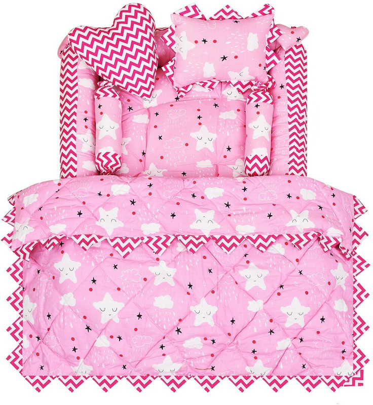 KHUBEE Pink 4 Pillows Cotton Baby Bed for 0-6 Month KB-BB14 Baby bedding set Stars(Fabric, Pink, White)