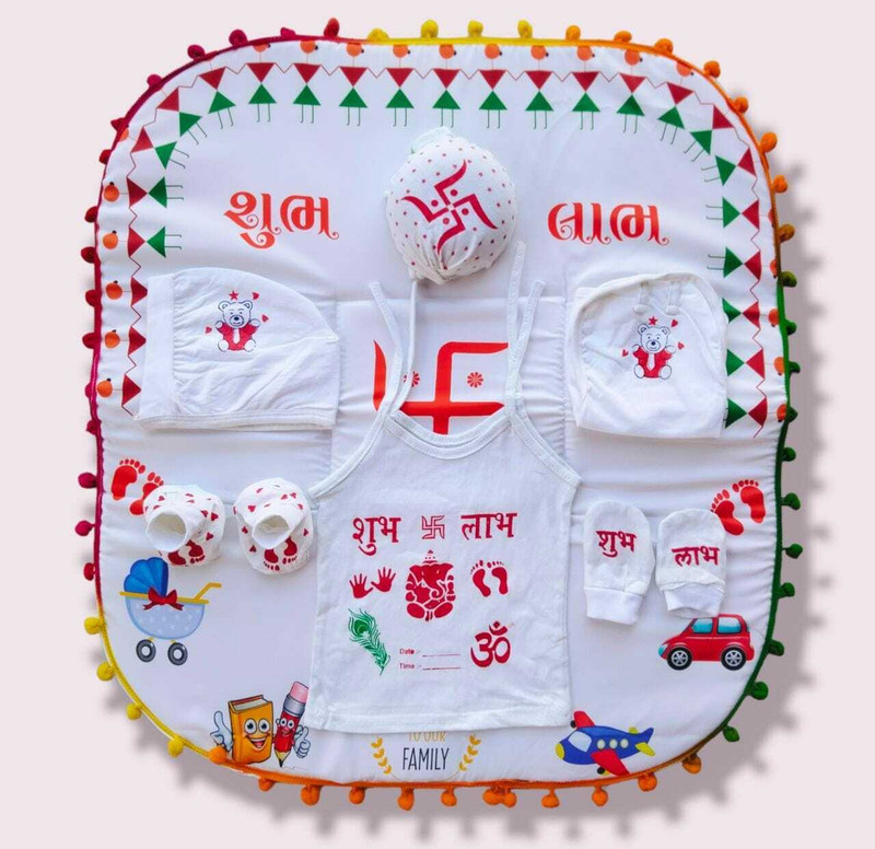 PREETENCY New Born Baby Naming Ceremony(PRINTED Chhathi Set) Set for Born Babies (0-6 Months) (Boy/Girl)Colour (WHITE) Square(Fabric, White)