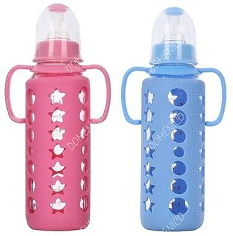KIDS MY LITTLE Newborn Babies Baby Anti-Colic Glass Feeding Bottle with Handle & Silicone Cover - 240 ml(PINK * BLUE)