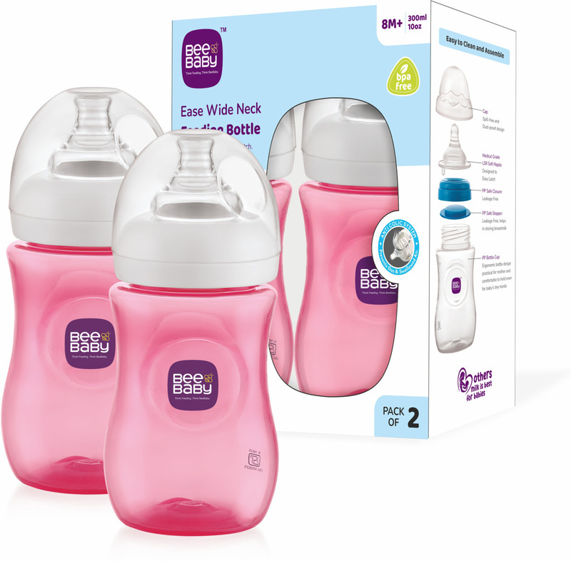 Beebaby Ease Wide Neck Baby Feeding Bottle, Anti Colic Nipple Milk Bottle, 100%BPA Free. - 300 ml(Colour Bottle Pink)