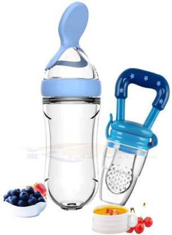 SuperStar Store Born Baby Feeding Bottle Silicone Feeding Spoon Feeder and Fruit feeder(blue)  - silicone(Blue)