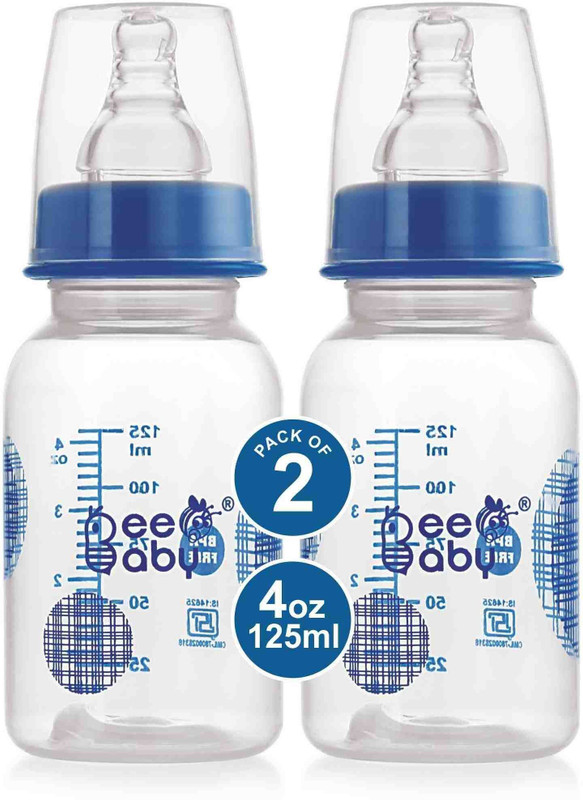 Beebaby Basic Slim Neck Baby Feeding Bottle with Anti-Colic Nipple, BPA FREE, 4M+, - 125 ml(Blue)
