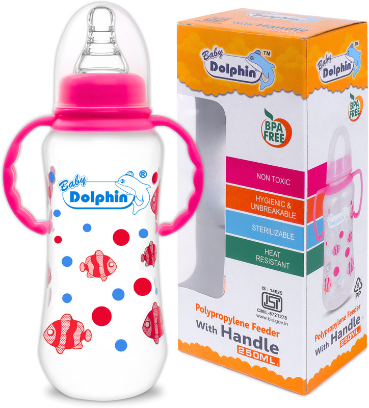 Baby Dolphin Anti-Colic Slim Neck Baby Feeding Bottle with Handle | BPA Free | 3m+, Fish - 250 ml(Pink)