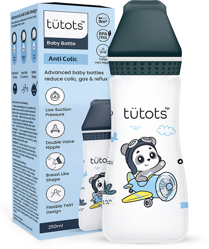 tutots Native Anti-Colic Wide Neck BPA Free Baby Feeding Bottle with Turbo Vent Nipple - 250 ml(Charcoal)