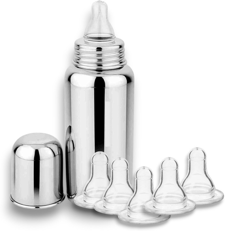RB Point Stainless Steel Feeding Bottle Anti-Colic, 100% BPA-Free(1 BOTTLE+5 NIPPLES) - 250 ml(Silver)