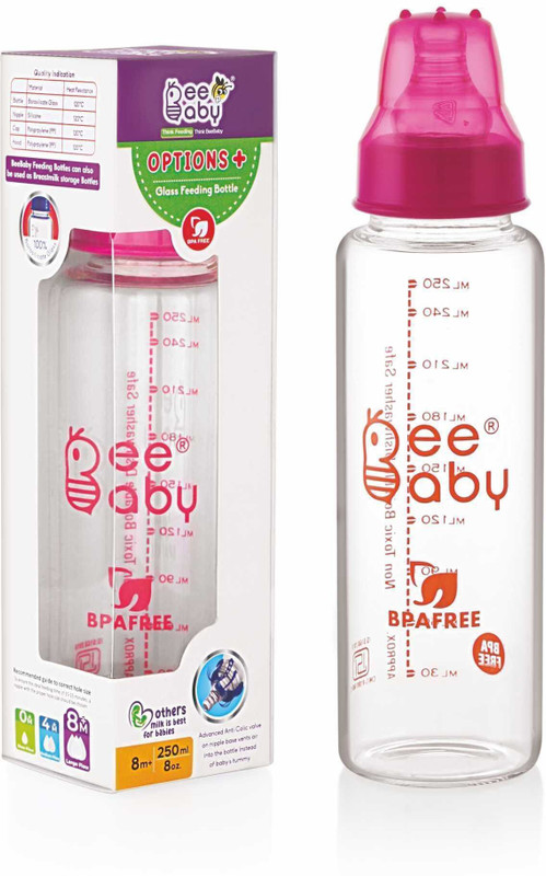Beebaby Slim Neck�Options+ Anti Colic Glass Feeding Bottle. 100% BPA FREE 8M+ - 250 ml(Pink)