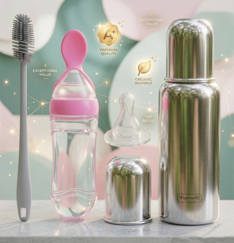 Wagwanfly Baby Feeding bottles Spoon Feeder Cleaning Brush Feeding bottle - 240 ml(Silver-Pink)
