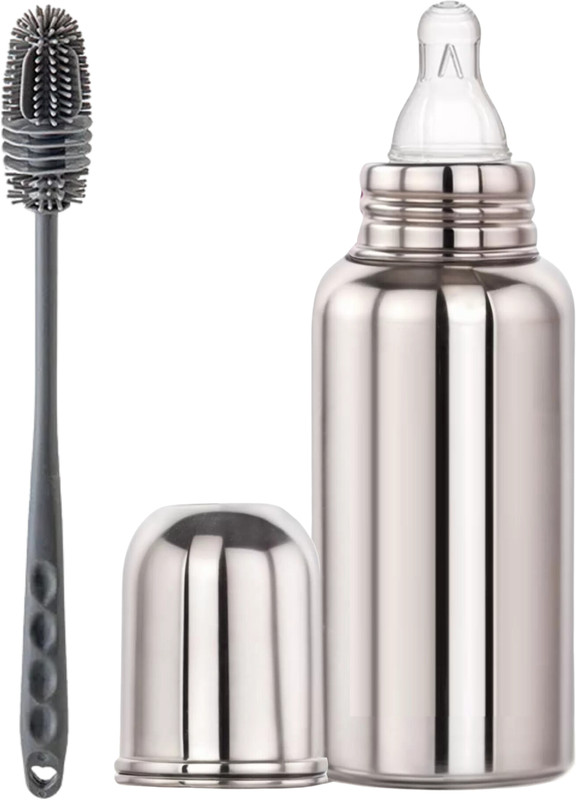 Pappa Premium Stainless Steel Baby Feeding Bottle with Long Handle silicone Brush - 220 ml(Plain silver)