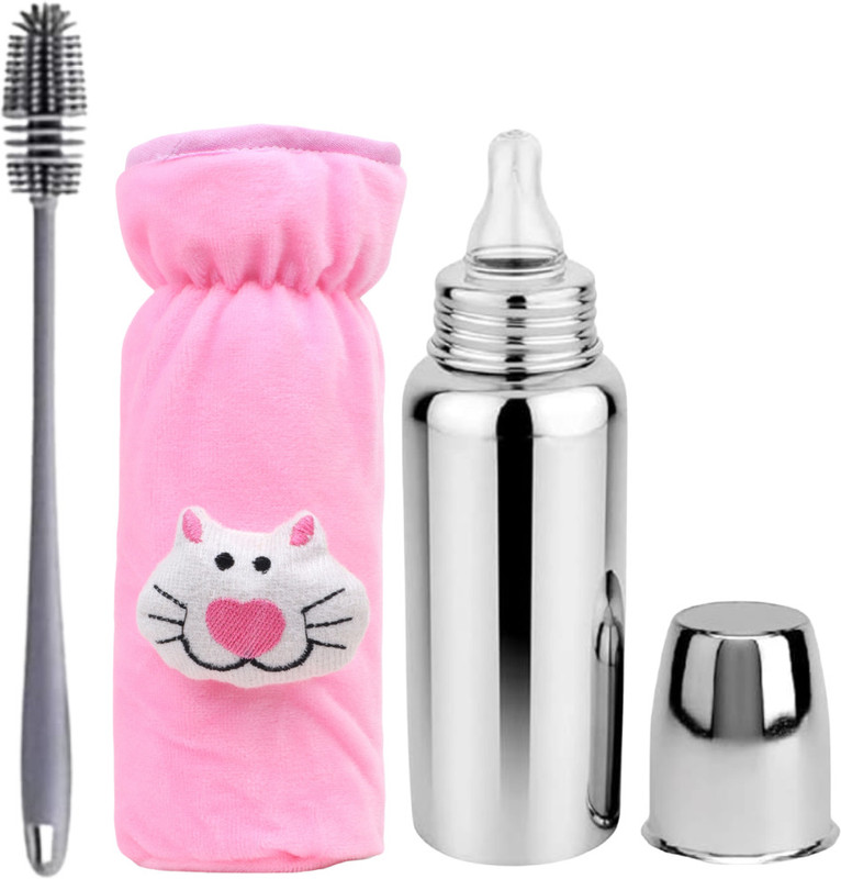 BLUSCAILE Stainless Steel Baby Feeding Bottle with Cleaning Brush, BPA-Free - 250 ml(Multicolor 33)